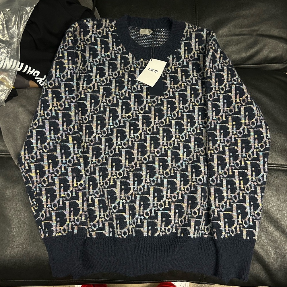 Dior Blue Crewneck Sweater with Ribbed Trim and Monogram Pattern